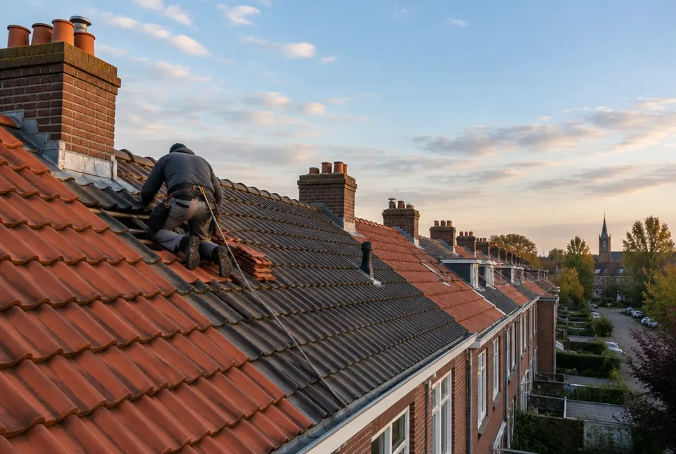 Dakdekker aan het werk op de pannendaken van een rij jaren-dertigwoningen