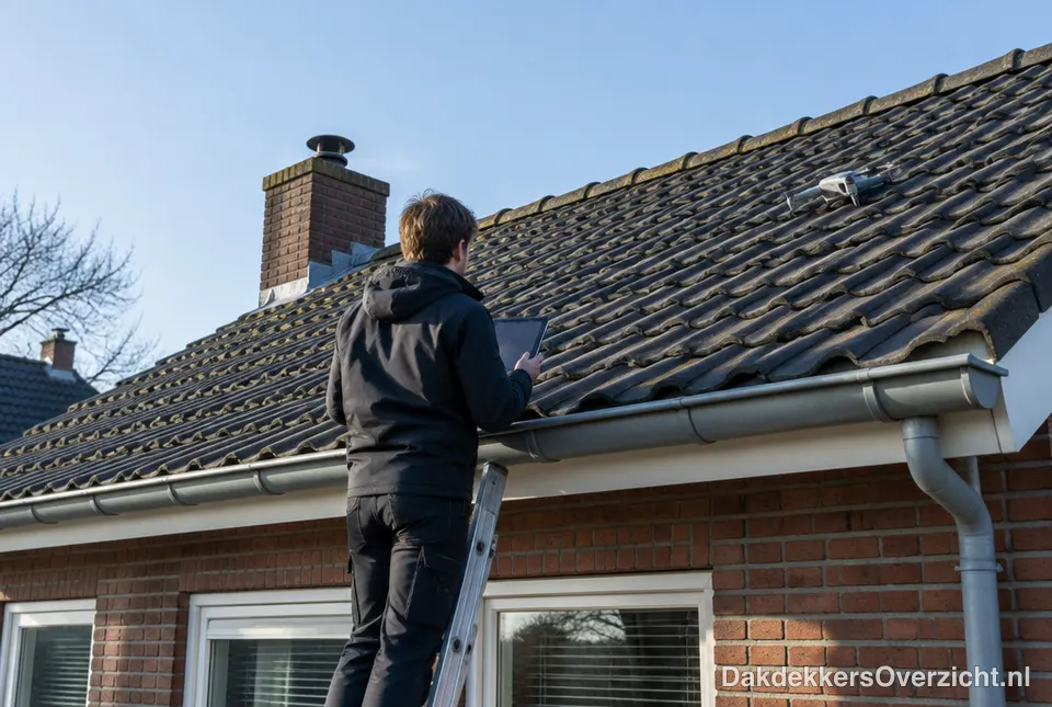 Dakinspectie vanaf een ladder aan de dakrand