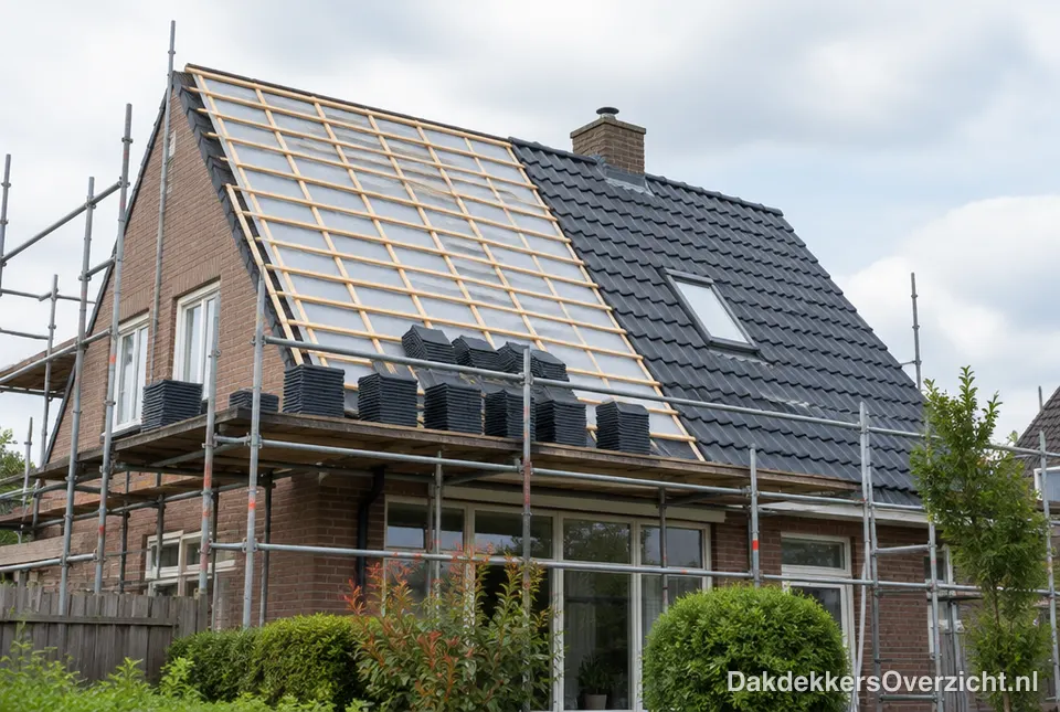 Woning in de steigers met half vernieuwd dak en nieuwe panlatten