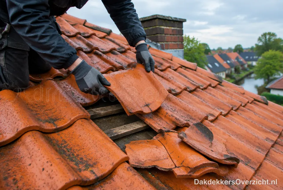 Dakdekker vervangt een kapotte dakpan na een storm