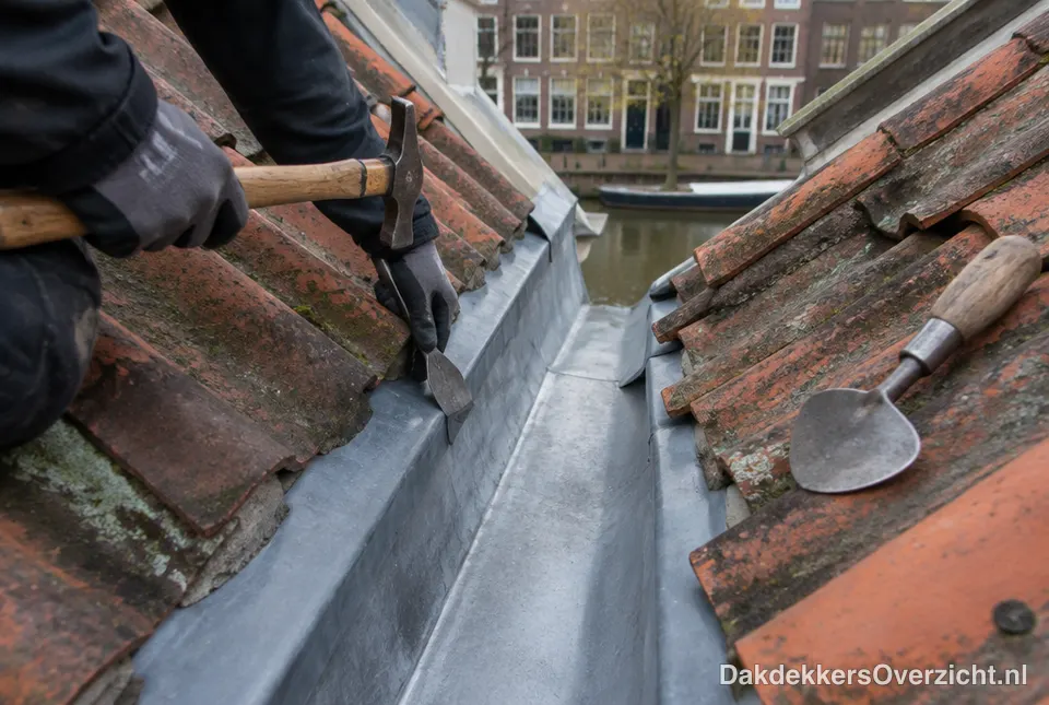 Lood- en zinkwerk in een kilgoot tussen twee dakvlakken