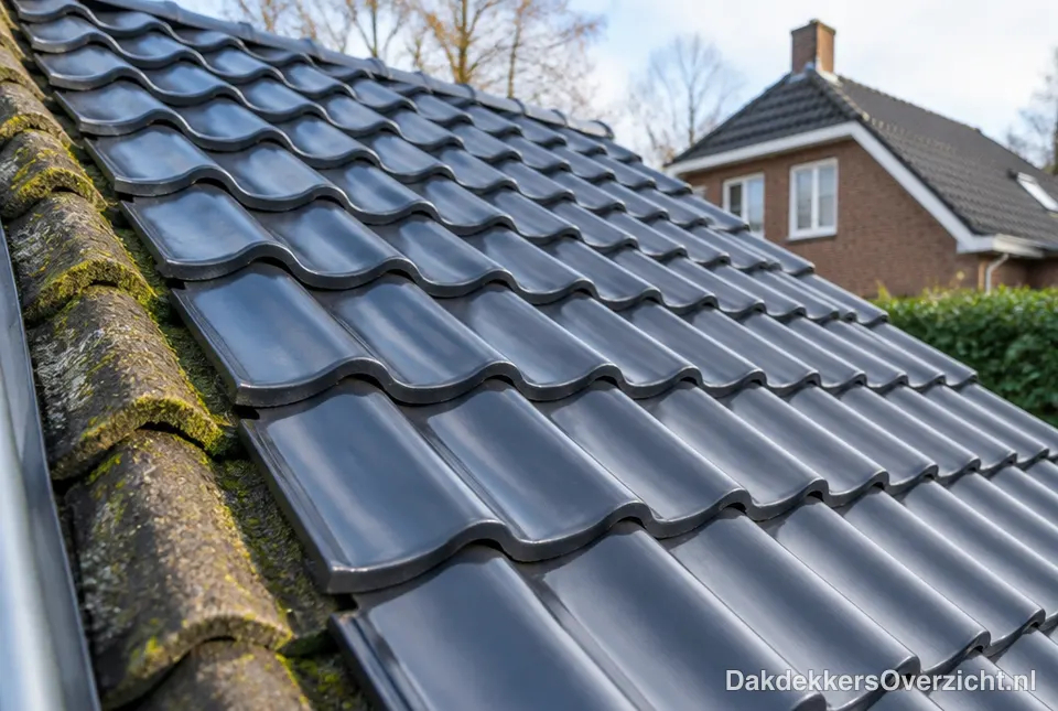 Nieuwe antraciet dakpannen naast een rij oude pannen met mos