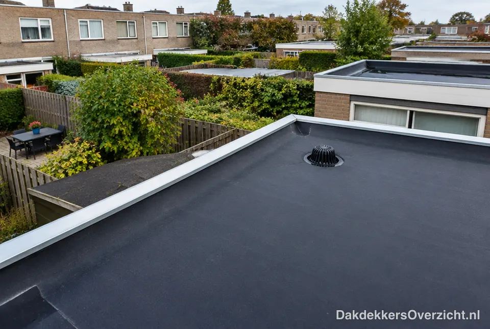 Plat dak van een aanbouw met nieuwe zwarte EPDM dakbedekking