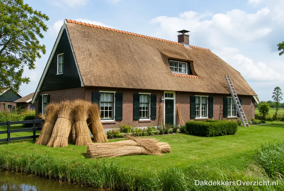 Boerderij met een nieuw rieten dak en bossen riet op het gras