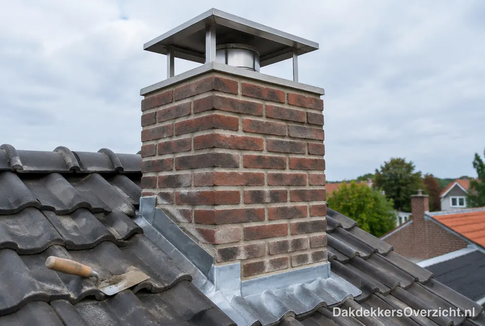 Bakstenen schoorsteen met nieuw voegwerk en een nieuwe kap